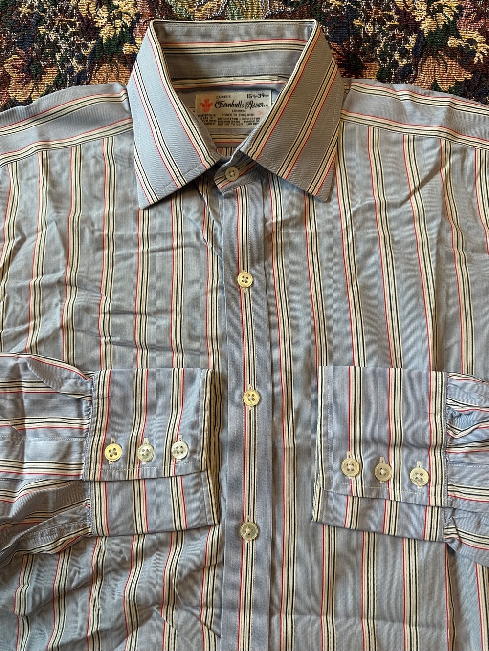 Turnbull & Asser Light Blue Red White Striped Men’s Dress Shirt Size 15.5-39 cm